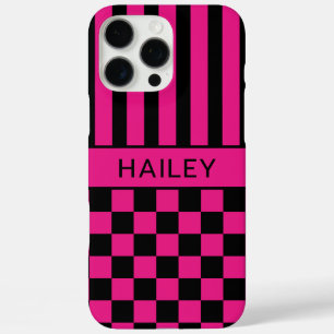 Coque iPhone 16 Pro Max Rose Chaud et Noir à Carreaux Rayé Personnalisé