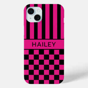Coque Case-Mate iPhone Rose Chaud et Noir à Carreaux Rayé Personnalisé