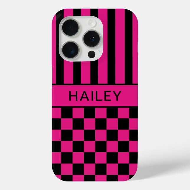 Coques Case-Mate iPhone Rose Chaud et Noir Damier Rayé Personnalisé (Verso)