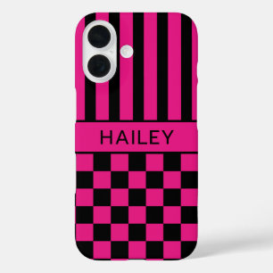 Coque Pour iPhone 16 Rose Chaud et Noir Damier Rayé Personnalisé