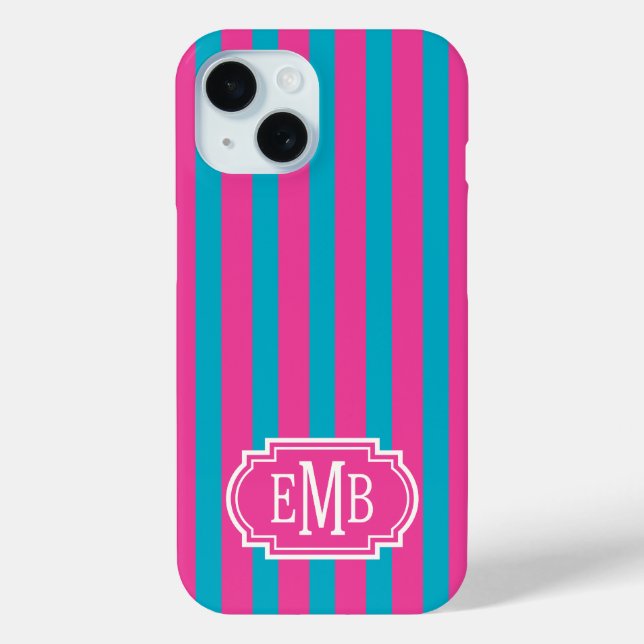 Coques Case-Mate iPhone Rose Chaud et Rayures Monogrammées Turquoise (Verso)