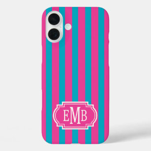 Coque Pour iPhone 16 Plus Rose Chaud et Rayures Monogrammées Turquoise