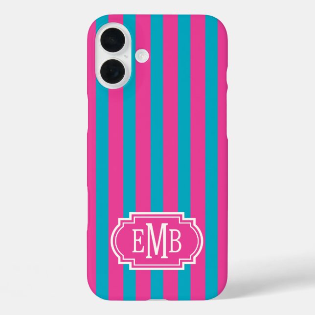 Coques Case-Mate iPhone Rose Chaud et Rayures Monogrammées Turquoise (Verso)