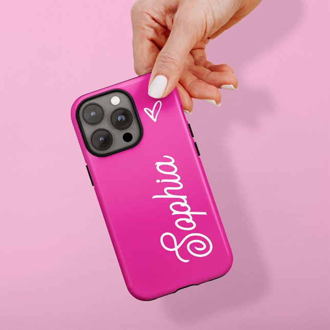 Coques Case-Mate iPhone Rose chaud vif | Votre nom en script avec coeur (A colorful, feminine phone case in vibrant hot pink, with your name in trendy script and a heart)