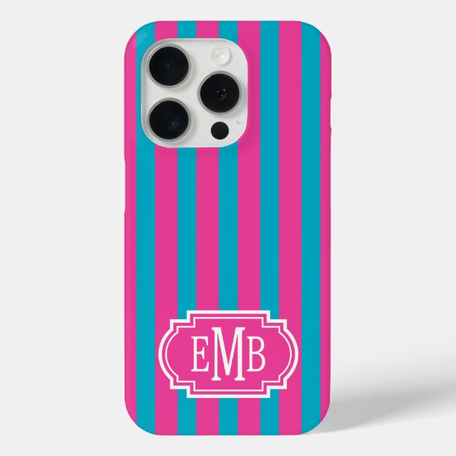 Coques Case-Mate iPhone Rose Chaude et Rayures Monogrammées Turquoise (Verso)