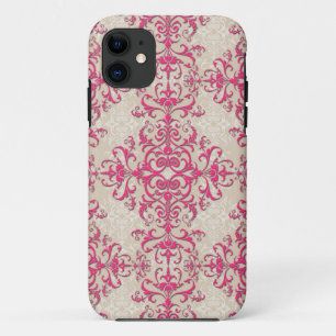Coque iPhone 11 Rose chic et motif damassé floral blanc cassé