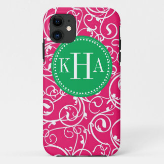 Coque iPhone 11 Rose de baie et motif vert de monogramme de
