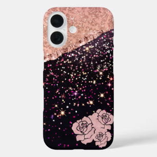 Coque Pour iPhone 16 Rose de verre Parties scintillant noire Roses