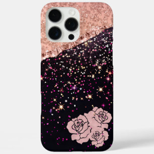 Coque iPhone 16 Pro Max Rose de verre Parties scintillant noire Roses
