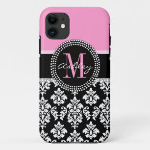 COQUE Case-Mate iPhone ROSE, DOMMAQUES NOIRS, VOTRE MONOGRAMME, VOTRE NOM