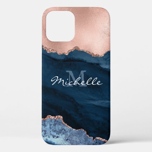 Coques Case-Mate iPhone Rose d'or et bleu marine - Aquarelle d'agate - Coq (Verso)