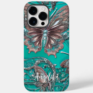 Coque Case-Mate iPhone Rose Dorée Papillon sarcelle Nom Personnalisé