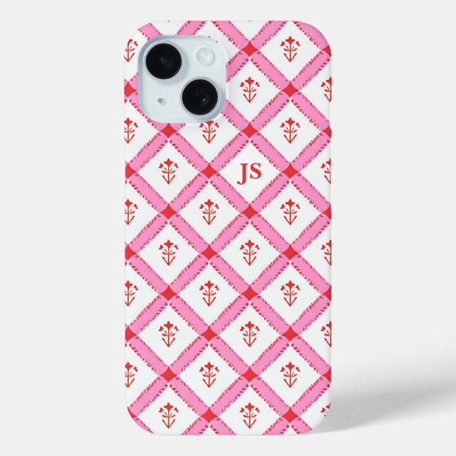 Coques Case-Mate iPhone Rose et motif rouge girly avec initiales (Verso)