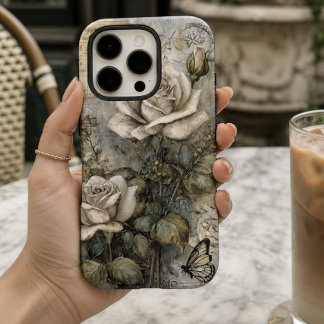 Coque iPhone 16 Pro Rose et Papillon Blancs Shabby Chic Vintage 