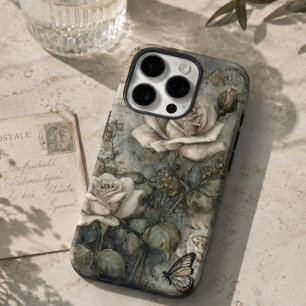 Coque iPhone 16 Pro Rose et Papillon Blancs Shabby Chic Vintage