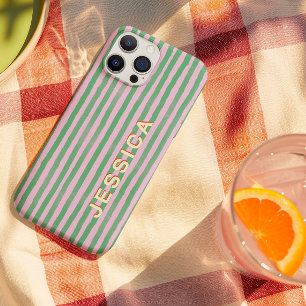 Coque Case-Mate iPhone Rose et vert rayé Prépa avec nom personnalisé