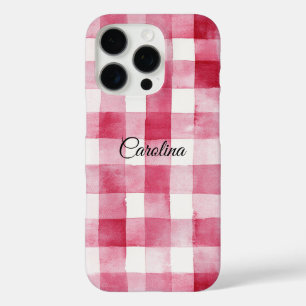 Coque iPhone 16 Pro Rose Féminin Blanc Carreaux Rayures