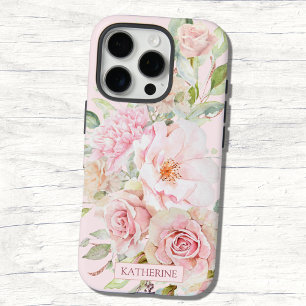 Coque iPhone 16 Pro Rose Fleur Florale Aquarelle Rose Blush Monogramme