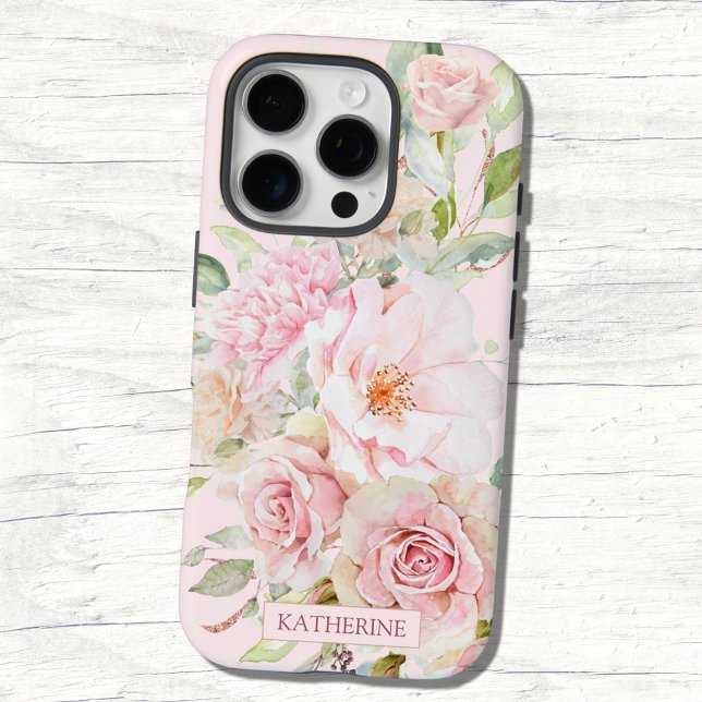 Coques Case-Mate iPhone Rose Fleur Florale Aquarelle Rose Blush Monogramme (Close up)