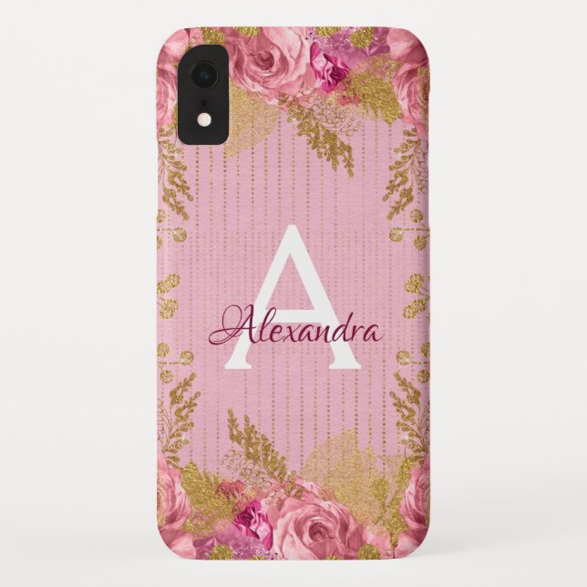 Coques Case-Mate iPhone Rose florale et Monogramme d'huile d'or (Dos)