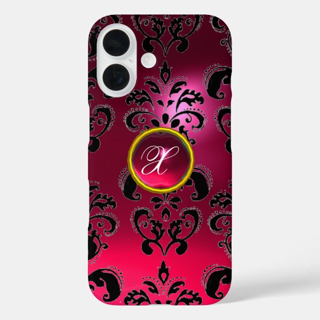 COQUES Case-Mate iPhone ROSE FUCHSIA BLACK DAMASK MONOGRAMME EN PIERRE DE  (Verso)