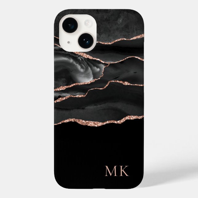 Coques Case-Mate iPhone Rose Gold & Black Marble Agate Monogramme Moderne (Verso)