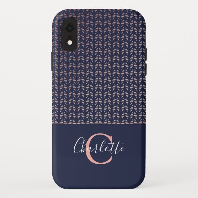 Coques Case-Mate iPhone Rose Gold Foil Tribal Boho Navy Blue Monogramme (Dos)