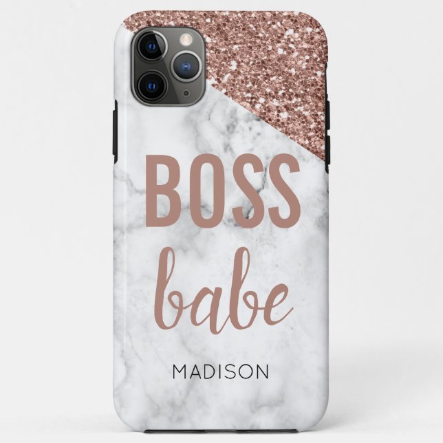 Coques Case-Mate iPhone Rose Gold Glitter Monogramme | Marbre Boss Babe (Dos)