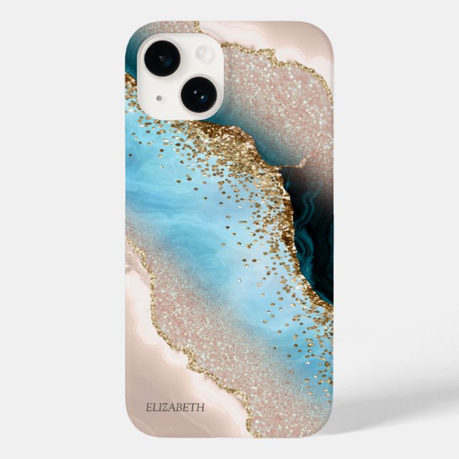 Coques Case-Mate iPhone Rose Gold Glitter Turquoise Marbre Élégant    (Verso)