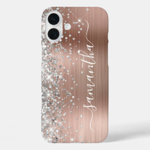 Coque Pour iPhone 16 Plus Rose Gold Métallic Pailleté Argent Signature Fémin