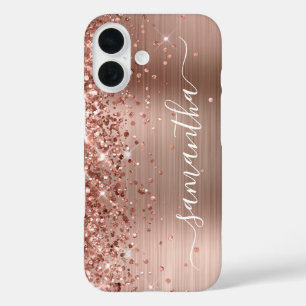 Coque Pour iPhone 16 Rose Gold Métallisé Pailleté Signature Féminine