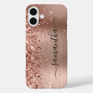 Coque Pour iPhone 16 Plus Rose Gold Métallisé Pailleté Signature Féminine