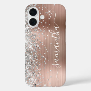 Coque Pour iPhone 16 Rose Gold Métallisé Paillettes Argentées Signature