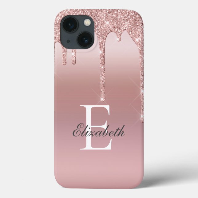 Coques Case-Mate iPhone Rose Gold Monogramme Nommé Paillettes Goutte Rose  (Verso)