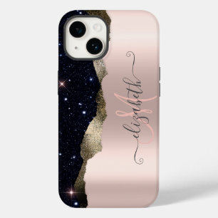 Coque Case-Mate iPhone Rose Gold Monogramme Pailleté Noir Moderne 