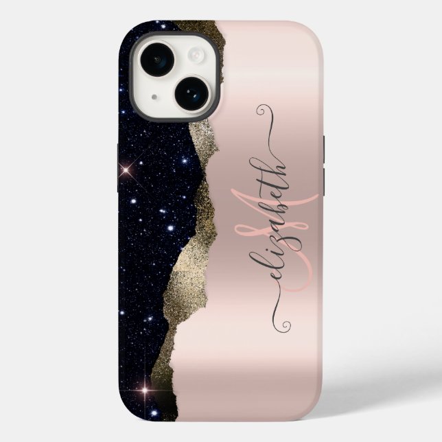 Coques Case-Mate iPhone Rose Gold Monogramme Pailleté Noir Moderne  (Verso)