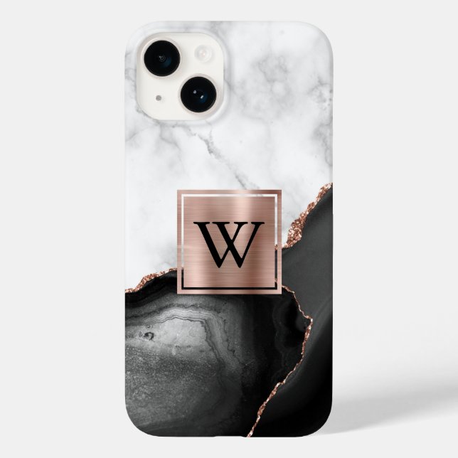 Coques Case-Mate iPhone Rose Gold Noir Agate Marbre Blanc Monogramme (Verso)