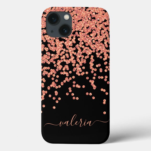Coques Case-Mate iPhone Rose Gold Noir Pailleté Monogramme Nom Rose Ébloui (Verso)