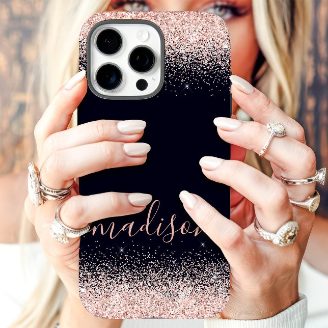 Coques Case-Mate iPhone Rose Gold Pailleté Navy Nom Personnalisé (Créateur téléchargé)