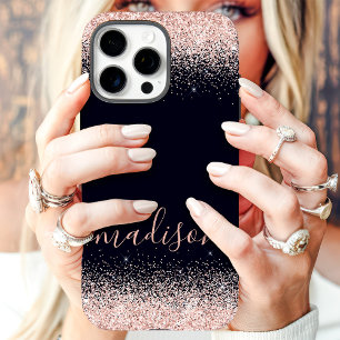 Coque iPhone 16 Pro Max Rose Gold Pailletés Navy Nom Personnalisé