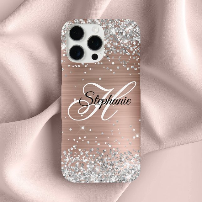 Coques Case-Mate iPhone Rose Gold Paillette Argent Monogramme Fantaisie (Silver Glitter Rose Gold Foil Fancy Monogram Case-Mate iPhone Case)