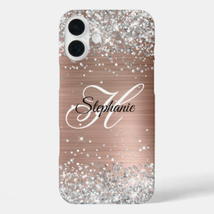 Coque Pour iPhone 16 Plus Rose Gold Paillette Argent Monogramme Fantaisie