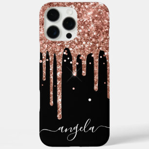 Coque iPhone 16 Pro Max Rose Gold Paillettes Coulantes Signature Black Gla