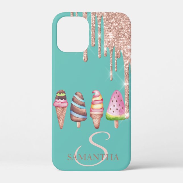 Coques Case-Mate iPhone Rose Gold Paillettes Drips Glace Menthe Verte  (Verso)