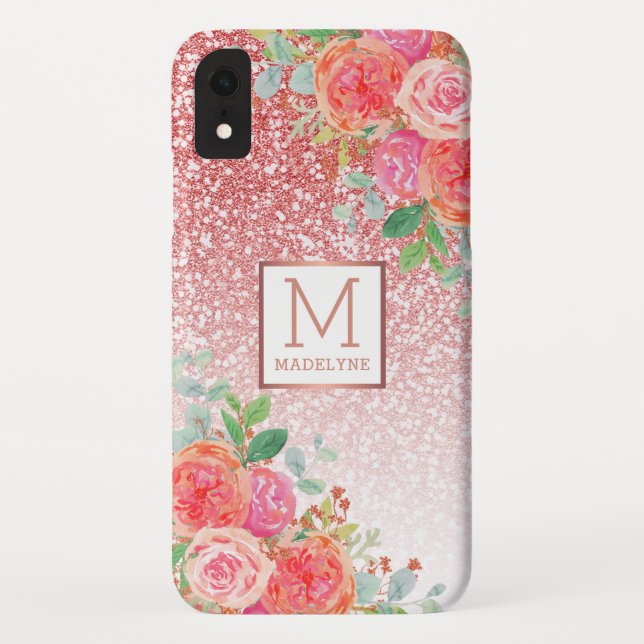 Coques Case-Mate iPhone Rose Gold Parties scintillant Aquarelle Floral Nom (Dos)