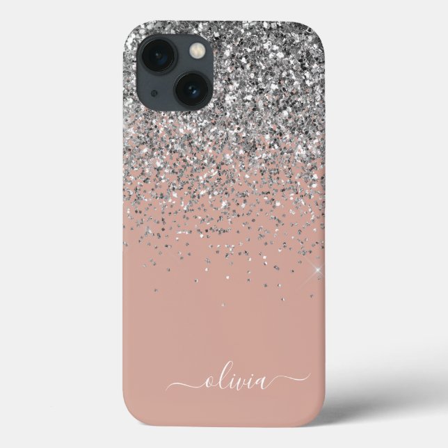 Coques Case-Mate iPhone Rose Gold Rose Pâle Pailleté Argent Monogramme (Verso)