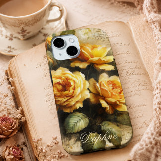 Coque Case-Mate iPhone Rose jaune vintage shabby chic nom personnalisé