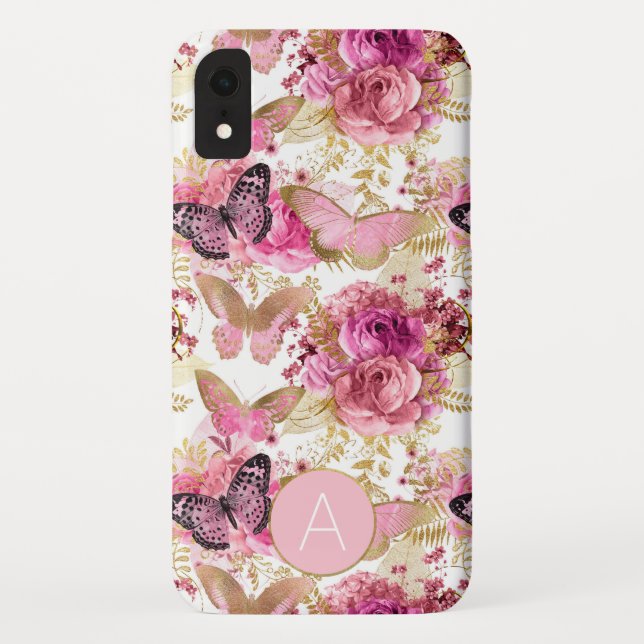 Coques Case-Mate iPhone Rose Monogramme or Floral Butterfly Motif (Dos)
