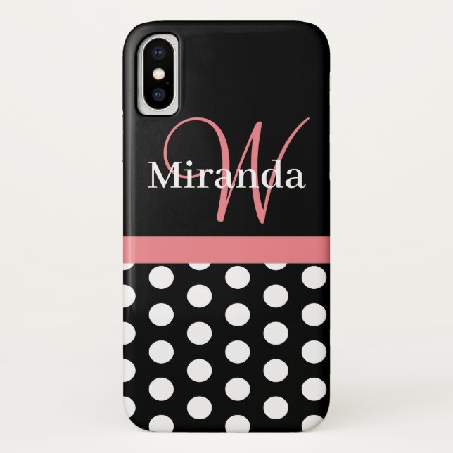 Coques Case-Mate iPhone Rose noir blanc Polka point Monogramme (Dos)
