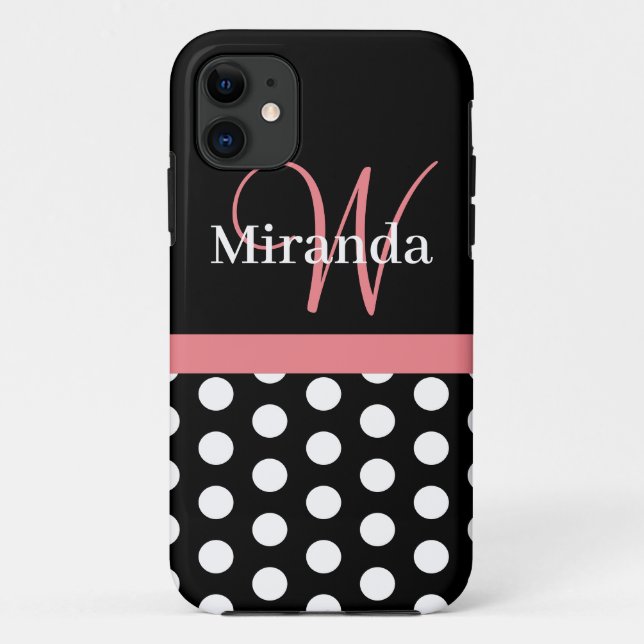 Coques Case-Mate iPhone Rose noir blanc Polka point Monogramme (Dos)